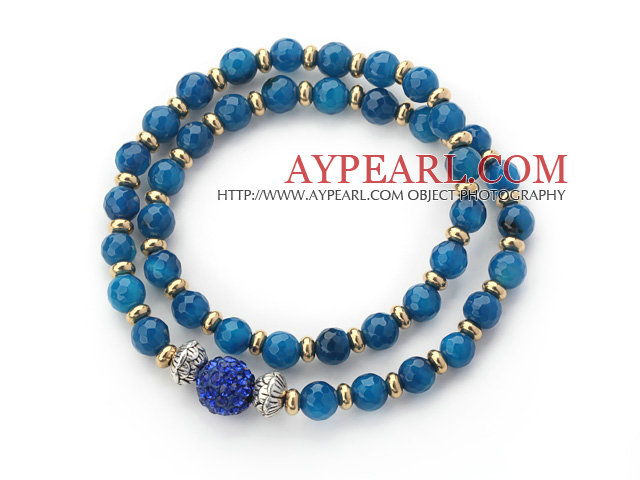 Double Rows Dark Blue Agate and Golden Color Beads Stretch Bangle Bracelet with Dark Blue Rhinestone Ball