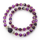 Double Rows Purple Agate and Golden Color Beads Stretch Bangle Bracelet with Dark Purple Rhinestone Ball