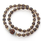 Wholesale Double Rows Natural Smoky Quartz and Golden Color Beads Stretch Bangle Bracelet with Brown Rhinestone Ball