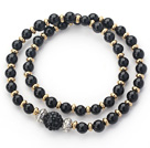 Double Rows Black Agate and Golden Color Beads Stretch Bangle Bracelet with Black Rhinestone Ball