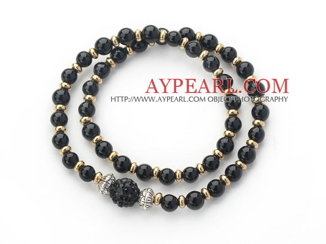 Double Rows Black Agate and Golden Color Beads Stretch Bangle Bracelet with Black Rhinestone Ball