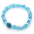 Simple Design Lake Blue Crystal Stretch Bangle Bracelet with Blue Rhinestone Ball