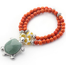 Orange Red Color Turquoise 2 Wrap Stretch Bangle Bracelet with Random Color Tortoise Shape Aventurine Accessory