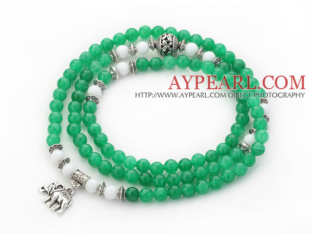 Green Color Candy Jade 4 Wrap Stretch Bangle Bracelet with White Porcelain Stone and Elephant Accessories
