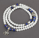 White Candy Jade 4 Wrap Stretch Bangle Bracelet with Lapis and Elephant Accessories