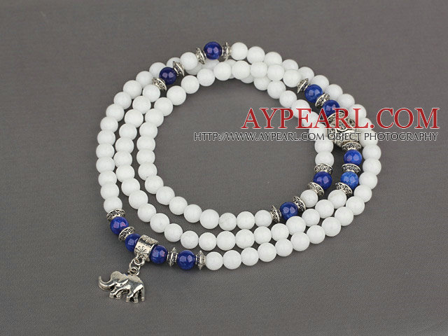 White Candy Jade 4 Wrap Stretch Bangle Bracelet with Lapis and Elephant Accessories