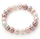 Classic Design White and Baby Pink and Violet Color 10mm Round Seashell Beaded Stretch Bangle Bracelet