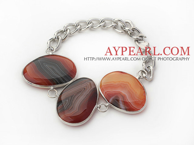 Fashion Style Brown Color Metal Wrapped Brazil Atriped Agate Bracelet with Metal Chain