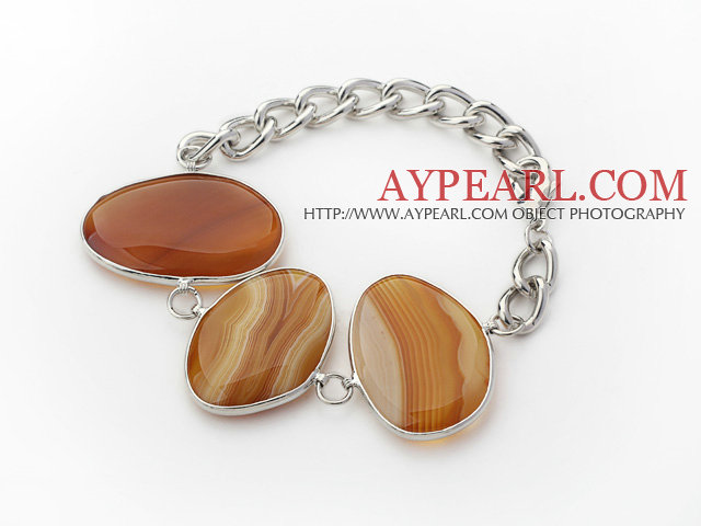 Fashion Style Amber Color Metal Wrapped Brazil Atriped Agate Bracelet with Metal Chain