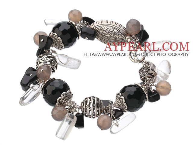 Vintage Style Black And Gray Agate Clear Crystal Tibet Silver Accessory Charm Bracelet With Toggle Clasp