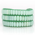 Wholesale Light Green Color Cats Eye 3 Wrap Bangle Bracelet with Green Wax Cord and Shell Clasp