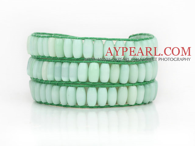Light Green Color Cats Eye 3 Wrap Bangle Bracelet with Green Wax Cord and Shell Clasp