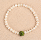 Simple Stretchy Style 5-6mm Natural White Freshwater Pearl Green Rhinestone Bead Elastic Bracelet