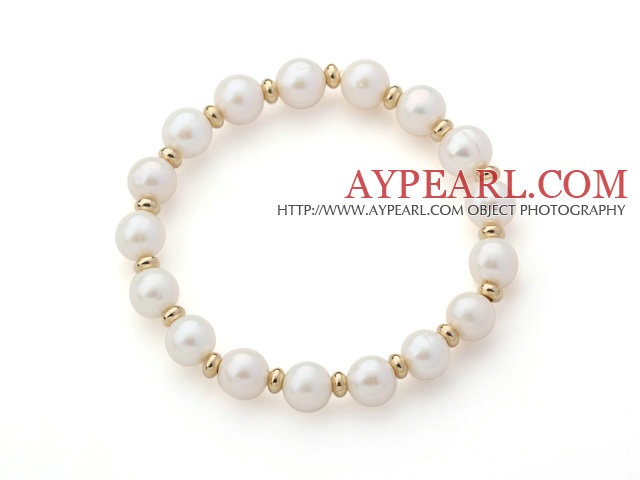 A Grade White Freshwater Pearl and Yellow Color Metal Beads Stretch Beaded Bangle Bracelet