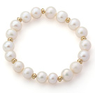 A Grade White Freshwater Pearl and Yellow Color Metal Spacer Beads Stretch Beaded Bangle Bracelet