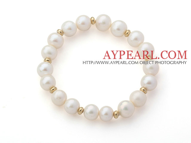 A Grade White Freshwater Pearl and Yellow Color Metal Spacer Beads Stretch Beaded Bangle Bracelet