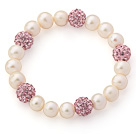 A Grade Round White Freshwater Pearl and Pink Color Rhinestone Ball Stretch Beaded Bangle Bracelet
