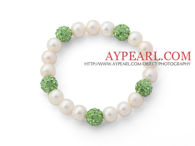 A Grade Round White Freshwater Pearl and Apple Green Color Rhinestone Ball Stretch Beaded Bangle Bracelet