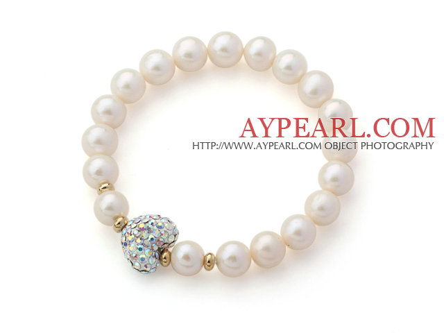 A Grade Round White Freshwater Pearl and White with Colorful Heart Shape Rhinestone Stretch Beaded Bangle Bracelet