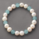 A Grade 9.5mm Round White Freshwater Pearl and Blue Jade Stretch Beaded Bangle Bracelet