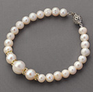Round White Freshwater Pearl Beaded Bracelet with Yellow Color Rhinestone Spacer Accessories