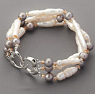 Three Rows Irregular Stick Shape White Pearl and Nearly Round Gray Pearl and Crytal Bracelet