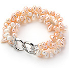 Three Rows White and Pink Top Drilled Freshwater Pearl Bracelet with Heart Shape Clasp