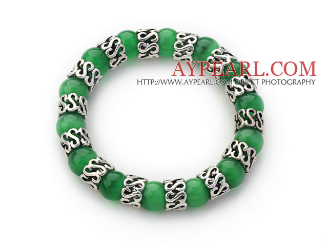 10mm Round Grass Green Cats Eye and Tibet Silver Spacer Ring Accessories Stretch Bracelet