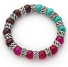 10mm Round Tiger Eye and Turquoise and Pink Agate and Tibet Silver Spacer Ring Accessories Stretch Multi Color Bracelet