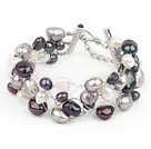 2013 Summer New Design Black Gray and White Freshwater Pearl Crocheted Metal Wire Bracelet with Extendable Chain