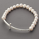 6-7mm White Freshwater Pearl and Sideway/Side Way White Rhinestone Cross Beaded Stretch Bracelet