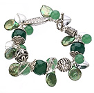 Wholesale Vintage Style Heart Shape Clear Crystal Green Agate Button Pearl And Aventurine Tibet Silver Accessory Bracelet With Toggle Clasp