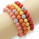 4 Pieces Colorful Round Seashell Beaded Stretch Bangle Bracelet with White Rhinestone Ball ( Random Color )