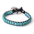 Wholesale Popular Single Strand Faceted Blue Turquoise and Black Leather Bracelet with Hear Charm