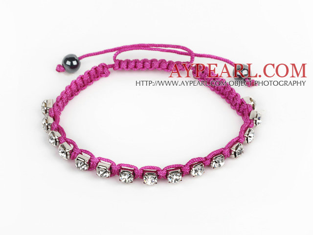 5 Pieces Purple Red Thread and White Square Shape Rhinestone and Hematite Woven Adjustable Drawstring Bracelets