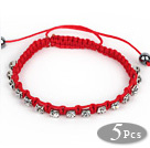 5 Pieces Red Thread and White Square Shape Rhinestone and Hematite Woven Adjustable Drawstring Bracelets