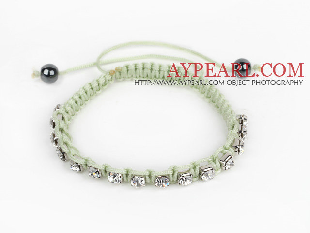 5 Pieces Light Green Thread and White Square Shape Rhinestone and Hematite Woven Adjustable Drawstring Bracelets