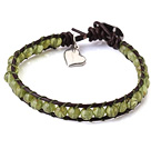 Popular Single Strand Natural Round Peridot Beads and Brown Leather Bracelet with Hear Charm
