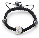 Fashion Style Heart Shape White with Colorful Rhinestone and Hematite and Black Thread Woven Adjustable Drawstring Bracelet
