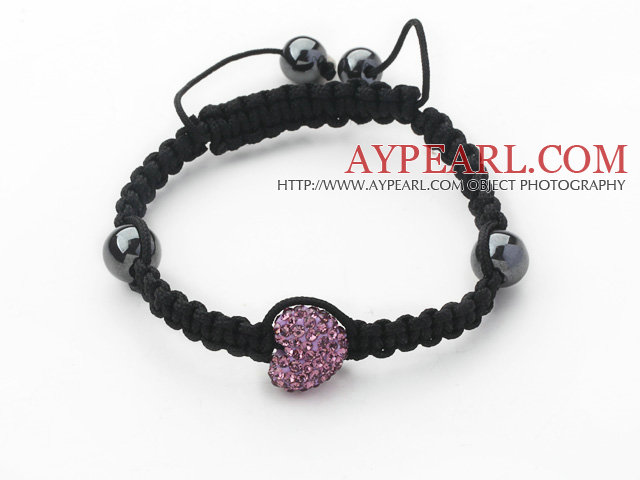 Fashion Style Heart Shape Purple Rhinestone and Hematite and Black Thread Woven Adjustable Drawstring Bracelet