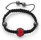 Wholesale Fashion Style Heart Shape Red Rhinestone and Hematite and Black Thread Woven Adjustable Drawstring Bracelet
