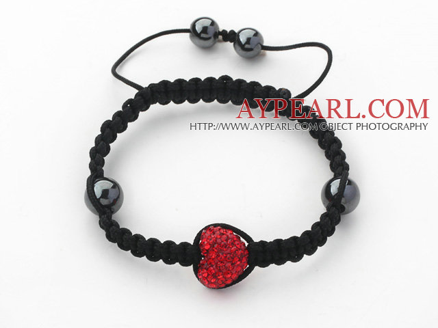 Fashion Style Heart Shape Red Rhinestone and Hematite and Black Thread Woven Adjustable Drawstring Bracelet