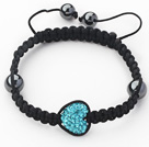 Wholesale Fashion Style Heart Shape Lake Blue Rhinestone and Hematite and Black Thread Woven Adjustable Drawstring Bracelet