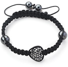 Wholesale Fashion Style Heart Shape Steel Color Rhinestone and Hematite and Black Thread Woven Adjustable Drawstring Bracelet
