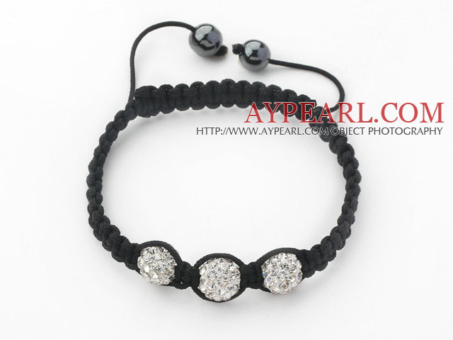 3 Pieces Round White Rhinestone Ball and Hematite and Black Thread Woven Adjustable Drawstring Bracelets ( Total 3 Pieces Bracelets)