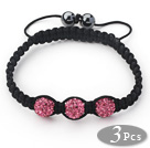 3 Pieces Round Hot Pink Rhinestone Ball and Hematite and Black Thread Woven Adjustable Drawstring Bracelets ( Total 3 Pieces Bracelets)