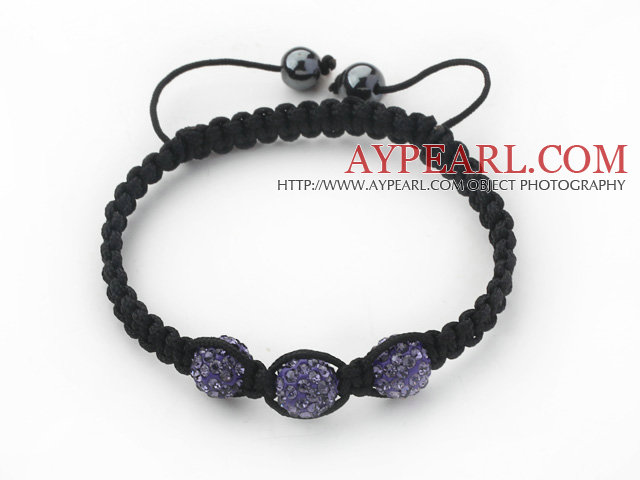 3 Pieces Round Purple Rhinestone Ball and Hematite and Black Thread Woven Adjustable Drawstring Bracelets ( Total 3 Pieces Bracelets)