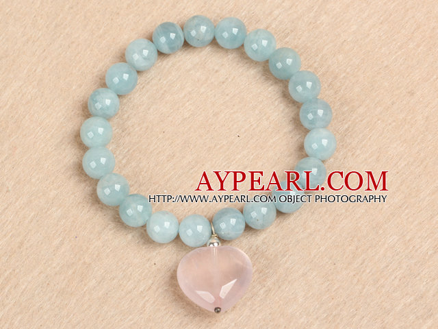 Simple Fashion Natural Round Aquamarine Beads Heart Shape Rose Quartz Charm Elastic Bracelet