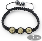 3 Pieces Round Golden Champagne Rhinestone Ball and Hematite and Black Thread Woven Adjustable Drawstring Bracelets ( Total 3 Pieces Bracelets)
