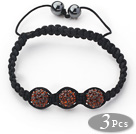 Wholesale 3 Pieces Round Reddish Brown Rhinestone Ball and Hematite and Black Thread Woven Adjustable Drawstring Bracelets ( Total 3 Pieces Bracelets)